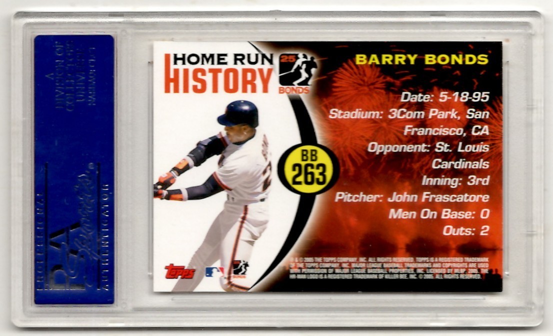PSA 10 Barry Bonds 2005 Topps Home Run History #BB263, Pop 1, SF Giants, Pirates view 3