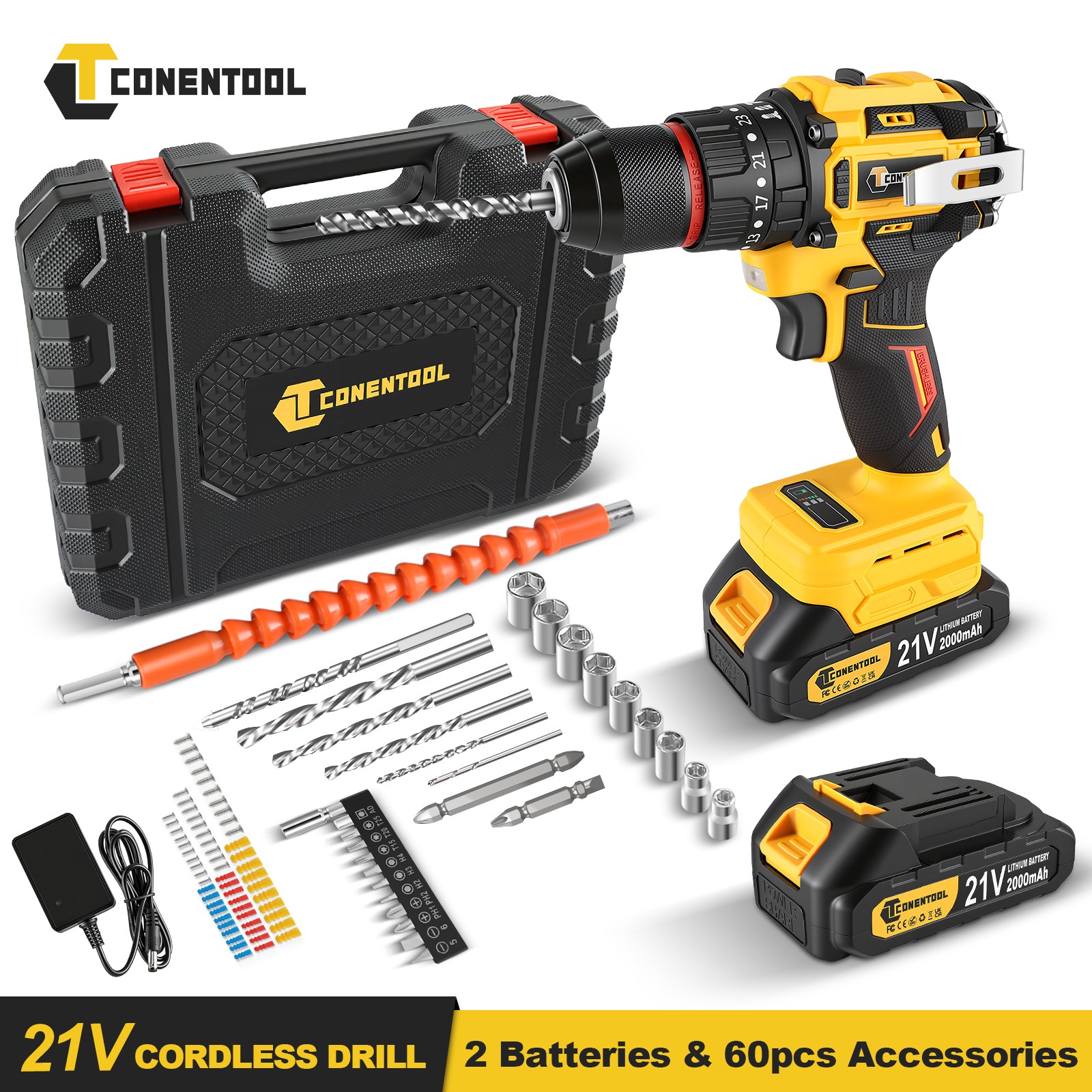 2 Battery 21V Cordless Drill Hammer Drill Combi Driver Electric Screwdriver Set