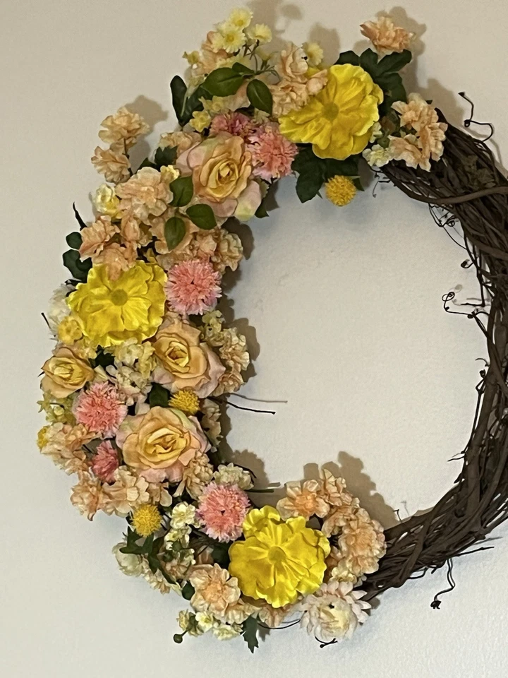 Artificial Spring Wreath for Front Door or Porch, Yellow, Peach And Orange - Image 2 of 4