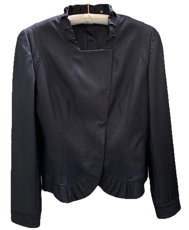 Elie Tahari Women’s Jacket Blazer Blue Ruffle Collar  Snaps Size 10