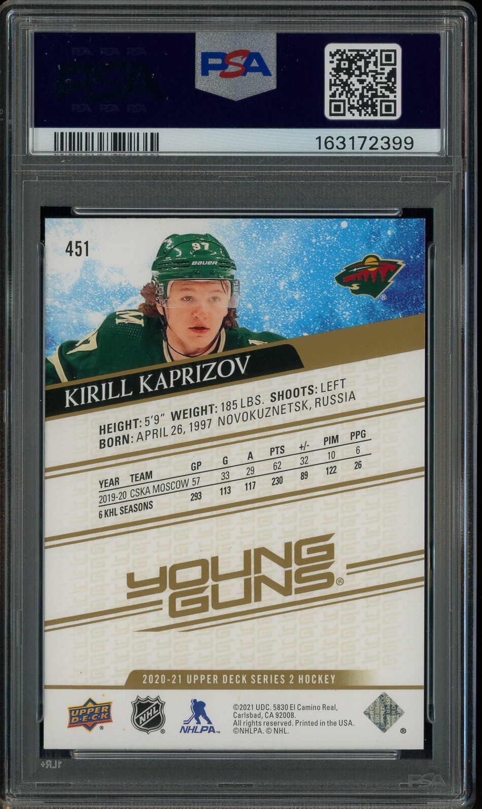 2020-21 Upper Deck Young Guns Speckled Rainbow #451 Kirill Kaprizov RC PSA 10 view 2