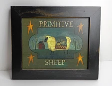 Primitive Folk Art Black Frame Picture Sheep Saltbox House Willows 12.5x10.5 USA