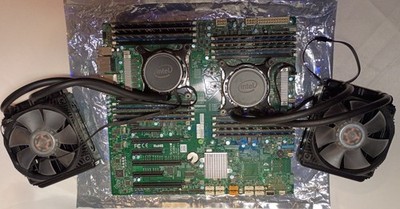 Supermicro X10DAI E-ATX Server Motherboard with CPU, AIO Coolers, and RAM