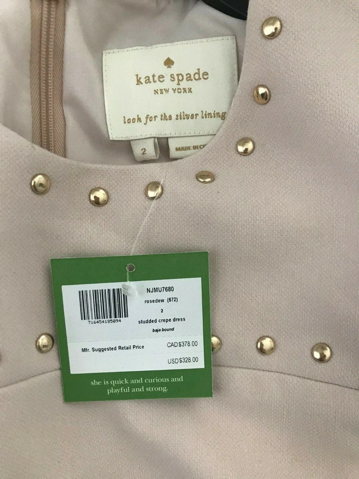 Abito Kate Spade New York in crepe con borchie e linea a taglia 2 nuovo con etichetta