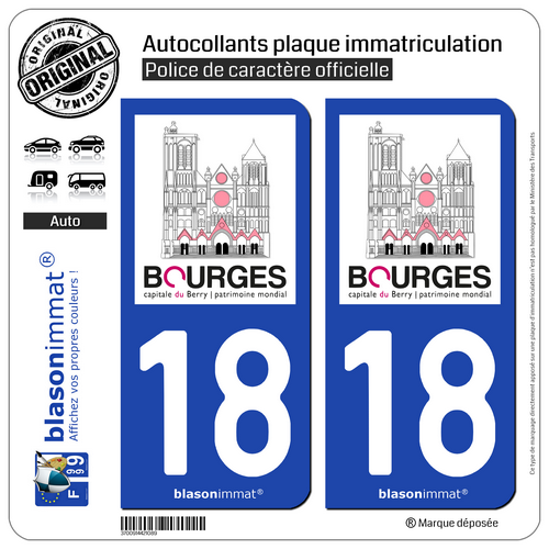 2 Stickers autocollant plaque immatriculation 18 Bourges - Tourisme - Photo 1/9