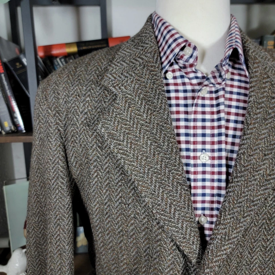Abrigo Blazer Deportivo Haggar Para Hombre Tweed Dos Botones Marrón Lana Espiga 42L De Colección Foto 3 de 4