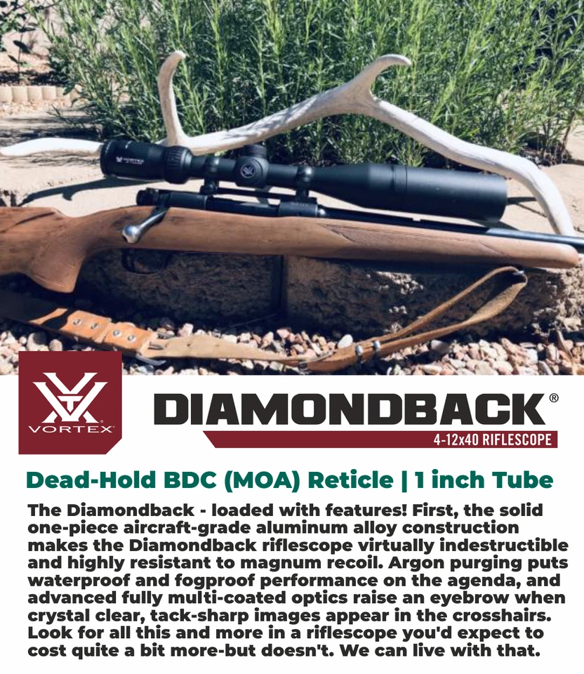 Mira para rifle Vortex Diamondback 4-12x40 Dead-Hold BDC MOA con anillos M y paquete de sombrero Foto 2 de 4