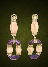 Van Cleef & Arpels Paris Fluted Amethyst Coral Diamond Gold Earrings Circa 1970