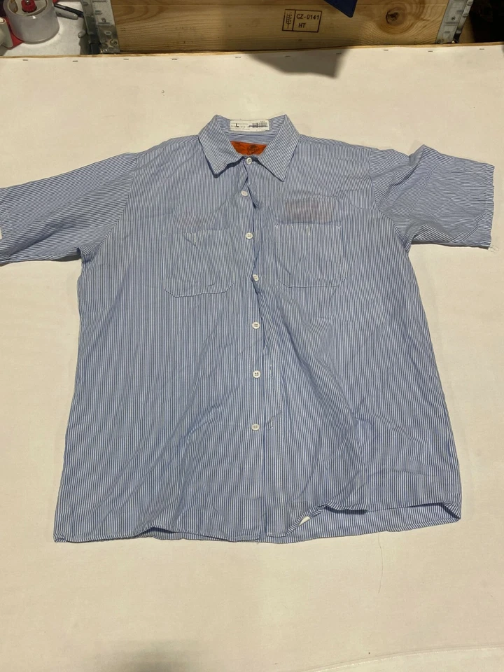 Striped Red Kap Industrial Work Shirt Used Uniform Stripe Stripes Blue Red Brown - Image 3 of 4