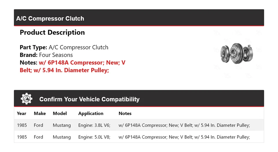 Embrague compresor aire acondicionado Ford Mustang 1985 4 estaciones Foto 2 de 4