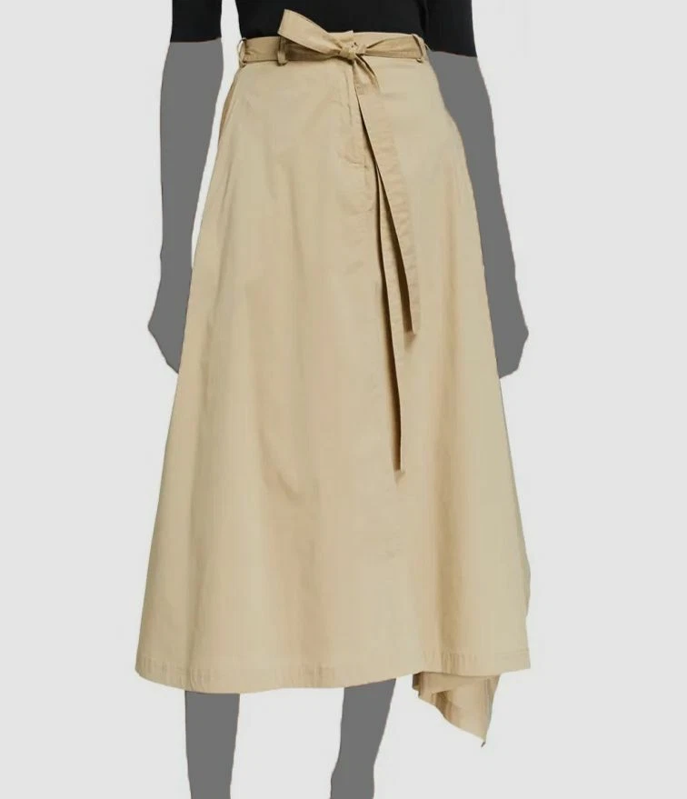 $325 Halston Women's Beige Mina Belted Cotton Long Fit Flare Casual Skirt Size 8