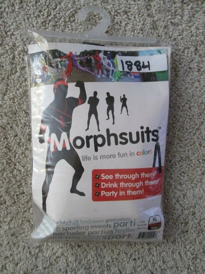 FATO ADULTO NINJA MORPHSUIT PELE FESTA CORPO INTEIRO PRETO VERMELHO GG 5'10"-6'3" (NOVO) - Imagem 2 de 3