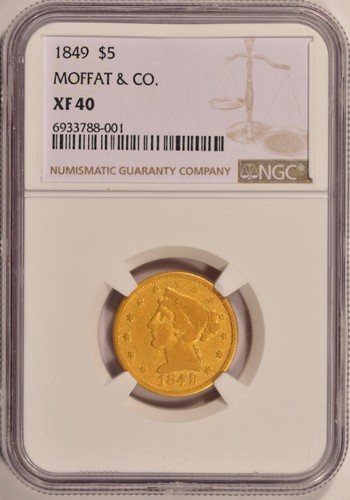 1849 $5 Moffat & Co California Gold Coin NGC XF40