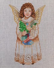 EVELYN BERNSTEIN Hand Painted Needlepoint Canvas CHRISTMAS ANGEL WITH GIFTS 18M