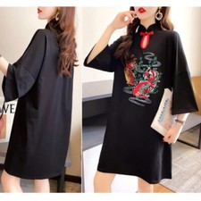 Women Hanfu Qipao Chinese Traditional Mini Dress Keyhole Neck Cheongsam Tops