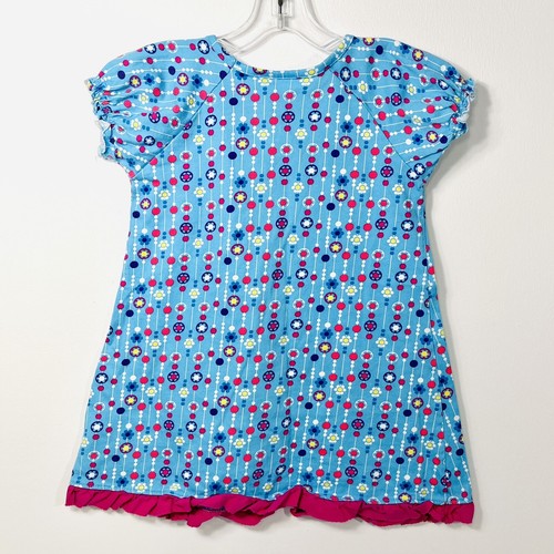 Hanna Andersson Dress Sz 4T 100cm Aqua Blue Flower Dots Pink Ruffle Short Sleeve - Picture 2 of 5