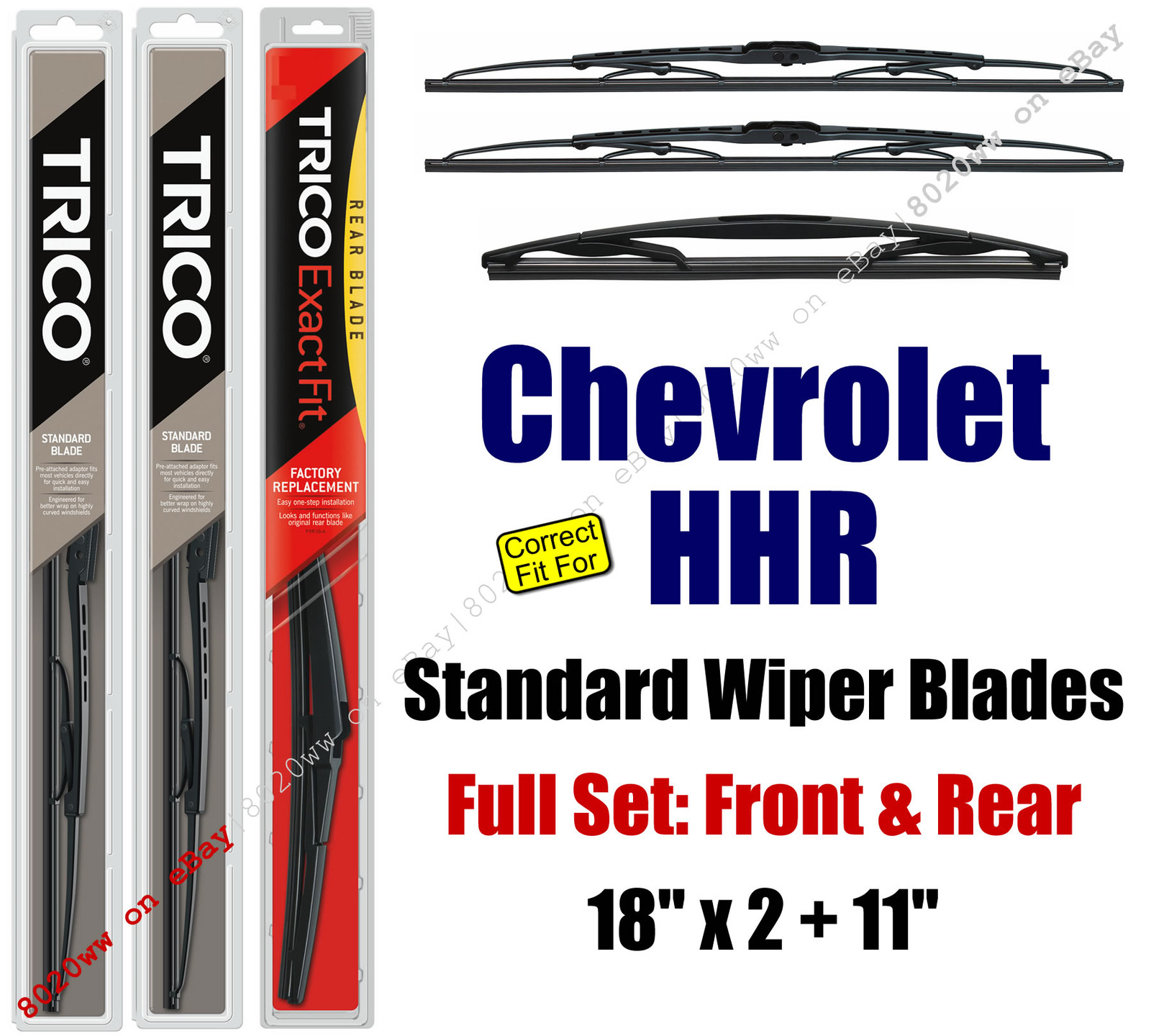 Wiper Blades 3pk Front Rear Standard fit 200611 Chevrolet Chevy HHR