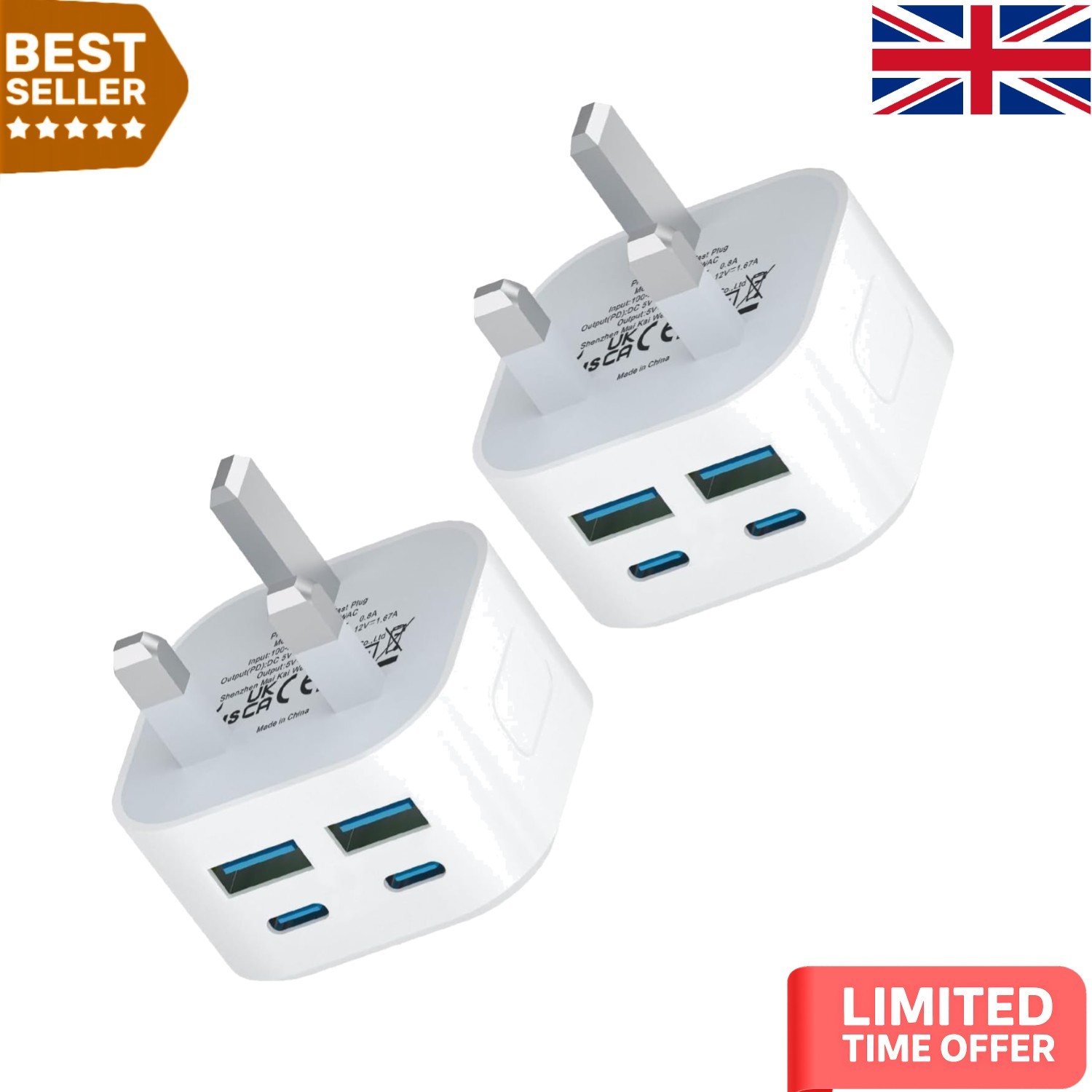 2-Pack 40W USB C Fast Charge Plugs - 4-Port Multi USB Charger for iPhone & iPad