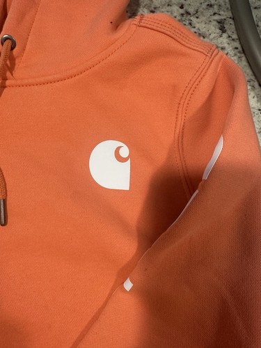 Carhartt Hooded Sweatshirt Women's XS Relaxed Fit Orange Peach Spellout Hoodie - Picture 2 of 5