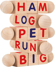 Wooden Reading Blocks - Set of 5 Spinning Alphabet Blocks W/Easy-Grip Handles -