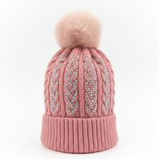 Women  s Pink Knit Beanie with Faux Fur Pom Pom  Rhinestone Details