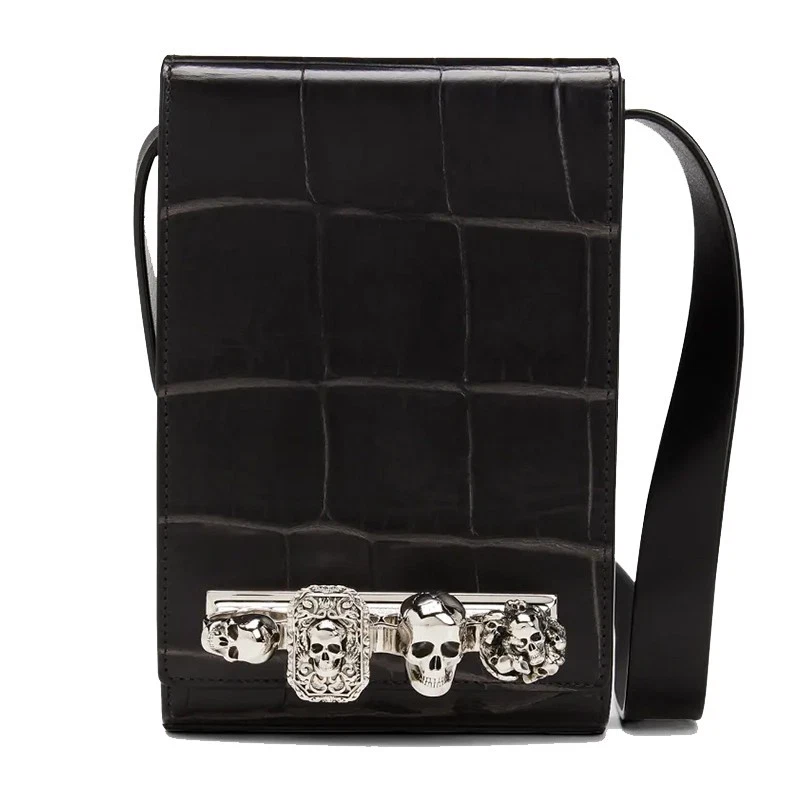 NEW $1,790 ALEXANDER MCQUEEN Black Leather FOUR RING SKULL KNUCKLE Messenger BAG