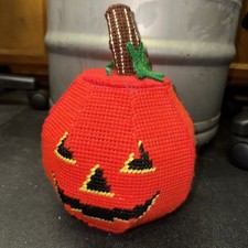 Vintage Hand Stitched Plastic Canvas Halloween Pumpkin Candy Dish Decor Finished