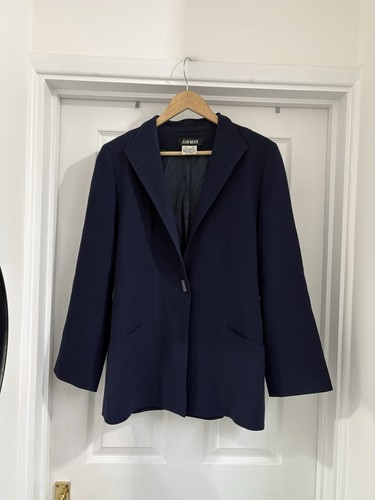 Jean Muir, Vintage Jean Muir Navy Blue Wool Tailored Blazer Jacket, 80s Minimalist Archive