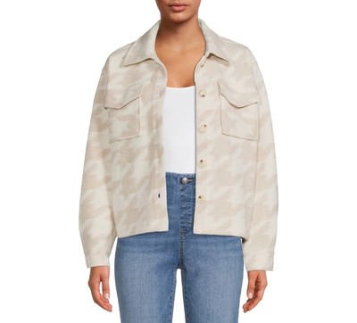 Time and Tru Women's Brushed Fleece Cropped Shacket Size XL 16-18 Cream/Brown 