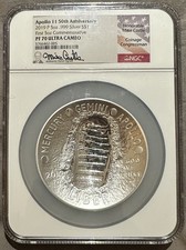 2019 5Oz 999 Silver Apollo 11 50th Anni $1 Coin PF70 - hand signed Mike Castle.