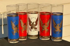 5 Vintage Patriotic Tall Glasses with Golden Eagle Tom Collins Ice Tea Gold Band