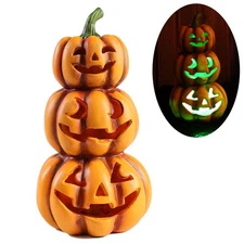 9.5" Lighted 3-Tier Stacked Jack-O-Lantern Pumpkin for Front Porch Table