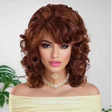 Shoulder Length Wigs for Women Auburn Curly Wig with Bangs Loose Wavy Hair Wigs