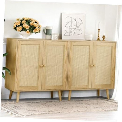Set of 2 Rattan Sideboard Buffet Cabinets, Stylish Accent Cabinets with - Picture 1 of 8