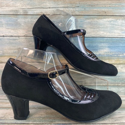 black suede t strap pumps