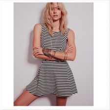 Free People Cha Cha Black White Striped Skater Dress XS EUC