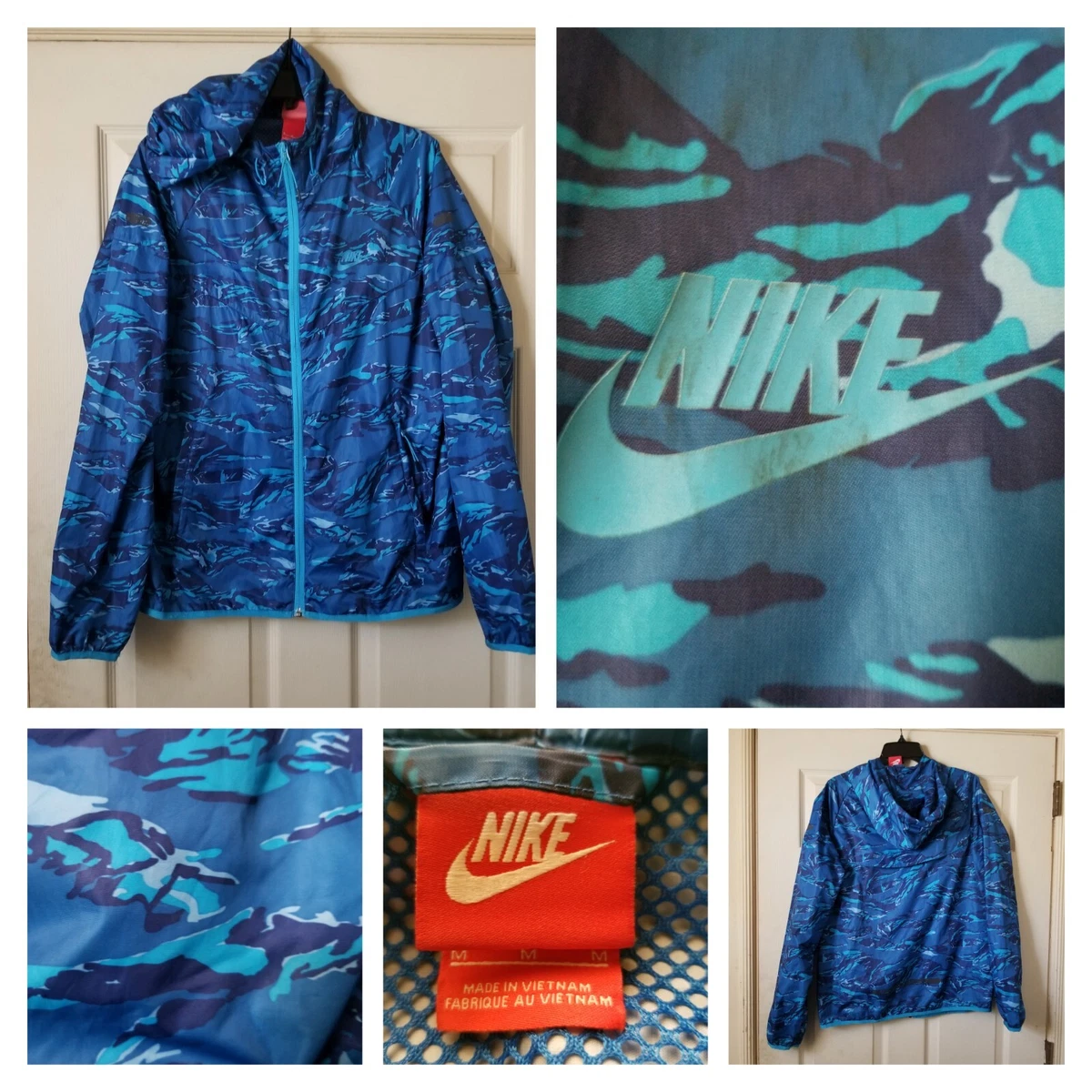 Nike Jacket Mens Medium Blue Camo Windrunner Running Wind Hoodie Light Packable