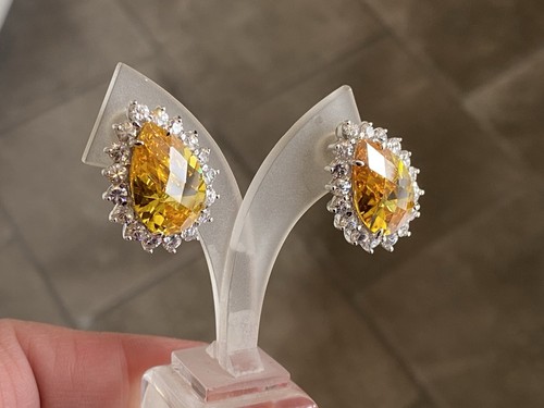Charles Winston Sterling Silver Canary & White CZ Omega Back Earrings & Ring Set - Picture 15 of 19