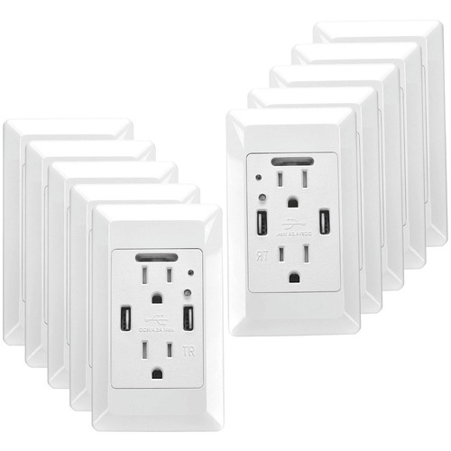 Wall Outlet with USB Ports LED Night Lights Auto On/Off Sensor Receptacle 10Pack