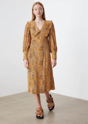 即発★GANNI★ PRINTED CREPE V-NECK RUFFLE COLLAR DRESS F6742 Ganni Printed Crepe V-Neck Ruffle Collar Dress / F6742 | eBay