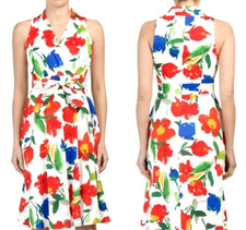 London Times 12 Bold Poppy Floral Print Halter Wrap Dress Sleeveless V-Neck Midi