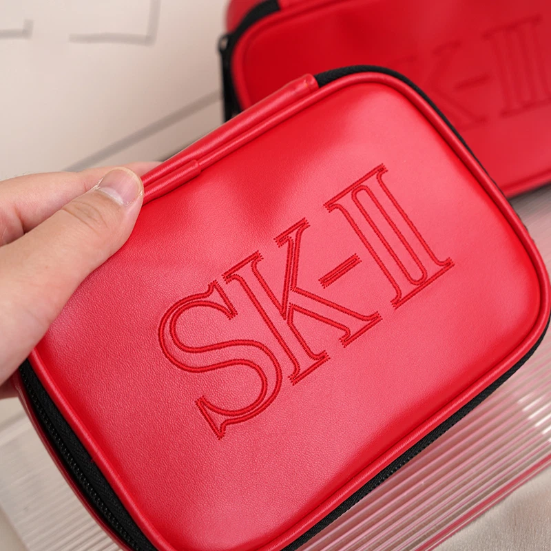 SKII Cosmetics Faux Leather Zip Makeup Bag in Red with Logo - image 2 of 4