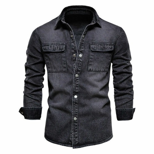 Mens Shirts Denim Shirts Fashion Casual Long Sleeves Washed Thicker Jeans Tops - Picture 10 of 12