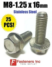 (QTY 25) M8-1.25 x 16MM Stainless Steel Hex Cap Flange Bolt Serrated Metric