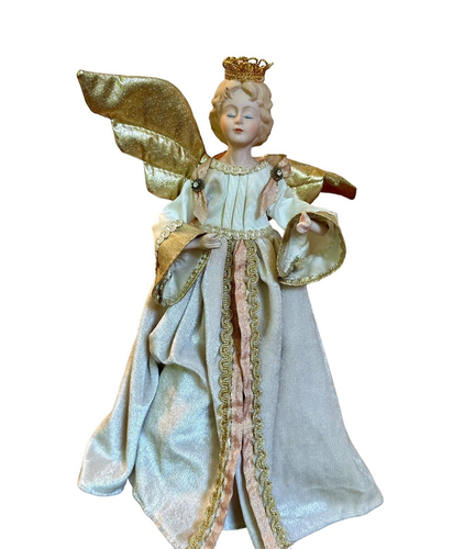 Vintage Porcelain Face Hands Angel Tree Topper Christmas Decor White Gold 12 in