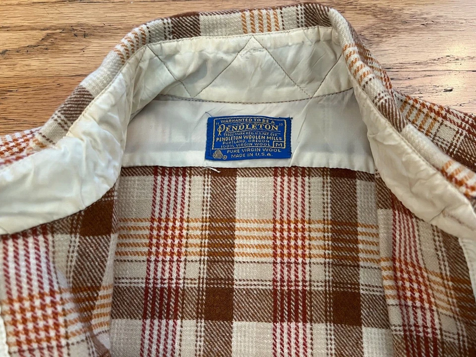 VTG 70s Pendleton Plaid Brown Striped Flannel Shirt Wool Medium USA Worn w Holes - Image 4 of 4