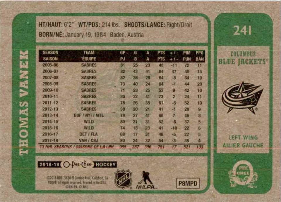 2018-19 O-Pee-Chee Retro Thomas Vanek #241 - Image 2 of 2