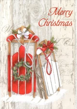 LPG Greetings Red and White Sleds with Bows and Wreath Box of 16 Christmas Cards