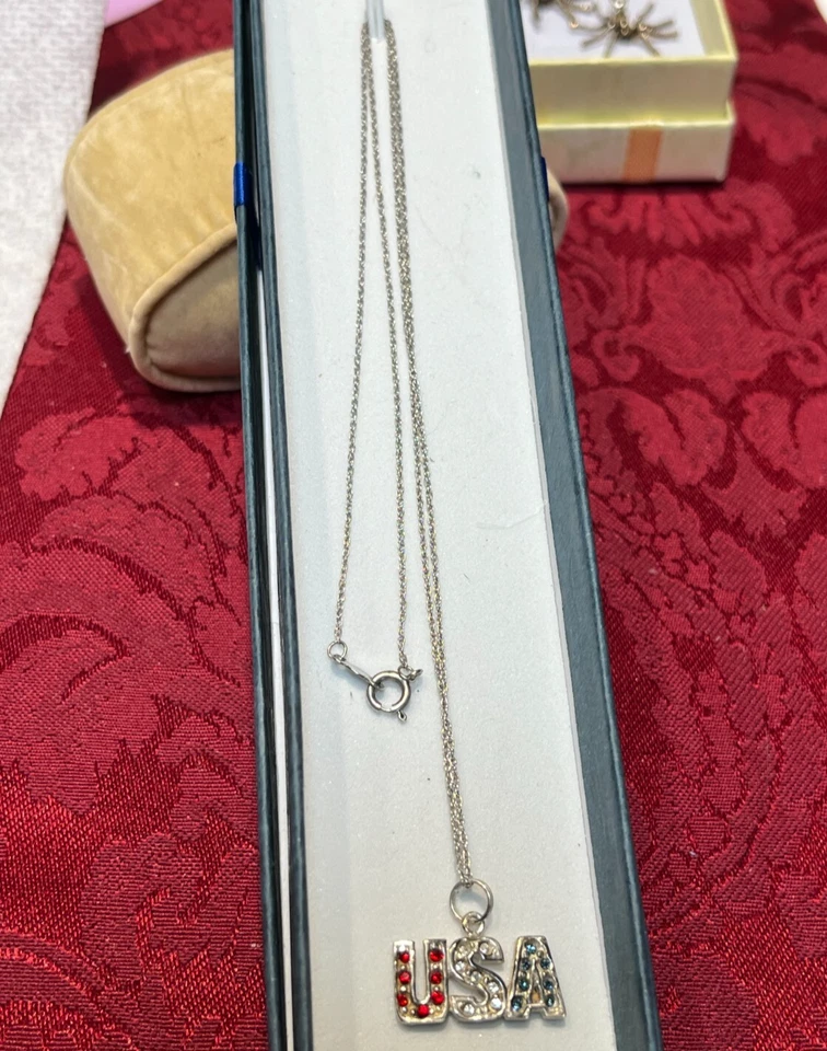 复古 JEZ 纯银 925 美国吊坠项链 红色、白色和蓝色 水钻 — 第 4/4 张图片