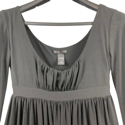 New York & Company Black Babydoll Long Sleeve Dress Knee Length Small Scoop Neck - Picture 2 of 7